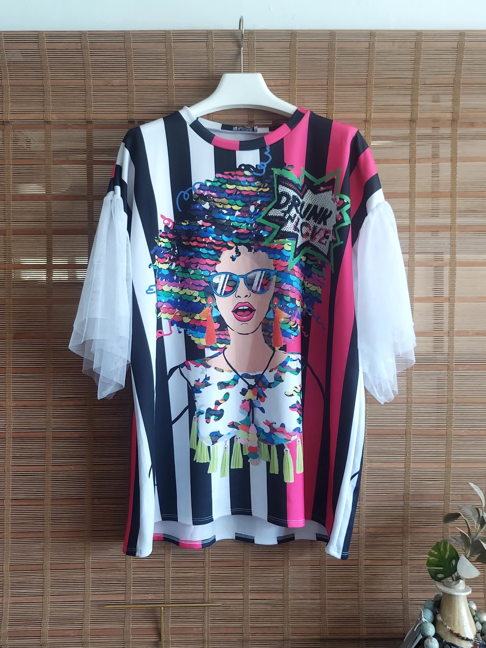 Women’s Graphic Striped Tee with Ruffled Sleeves - Pink/Black/White